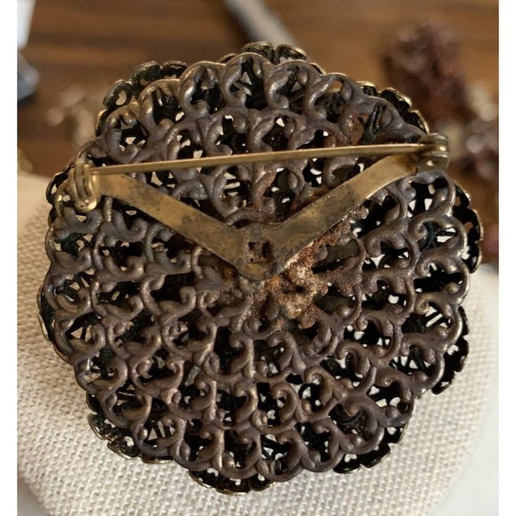 Vintage Czech Brass and Rhinestone Domed Filigree Pin Brooch - Picture 5 of 10
